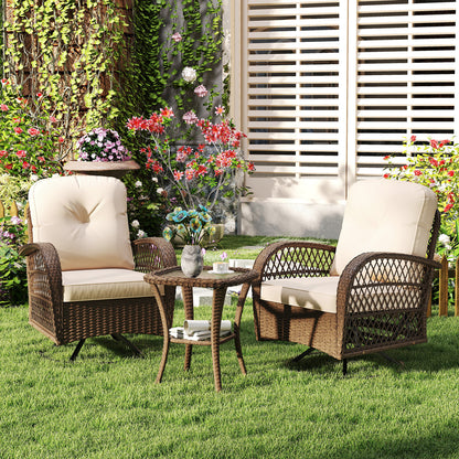 3 Piece Patio Swivel Rocker Set, Tempered Glass Table, Thick Cushions, Brown