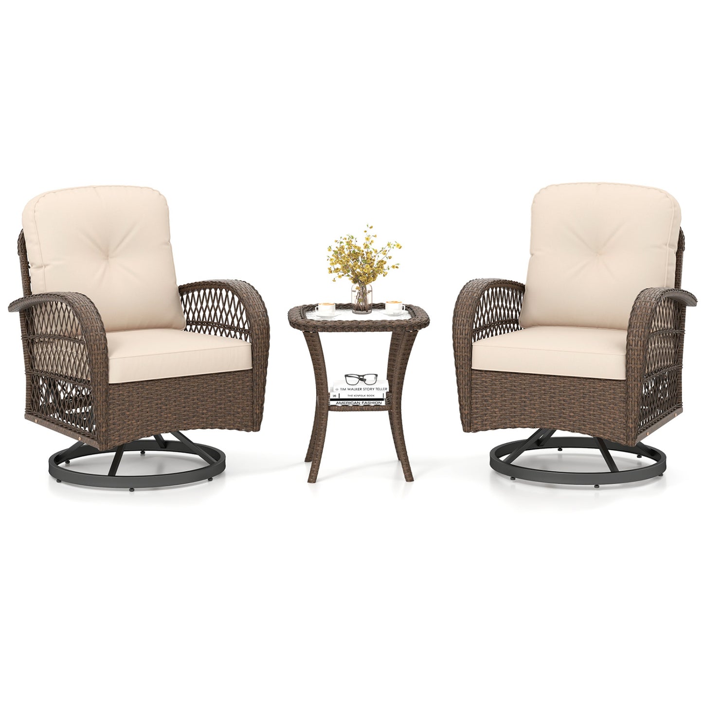 3 Piece Patio Swivel Rocker Set, Tempered Glass Table, Thick Cushions, Brown