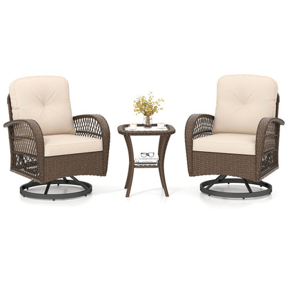 3 Piece Patio Swivel Rocker Set, Tempered Glass Table, Thick Cushions, Brown