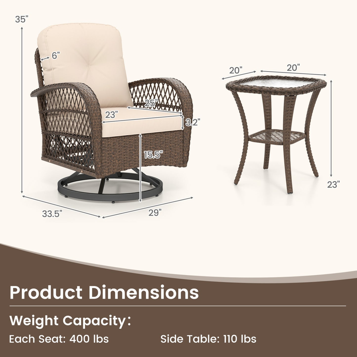 3 Piece Patio Swivel Rocker Set, Tempered Glass Table, Thick Cushions, Brown