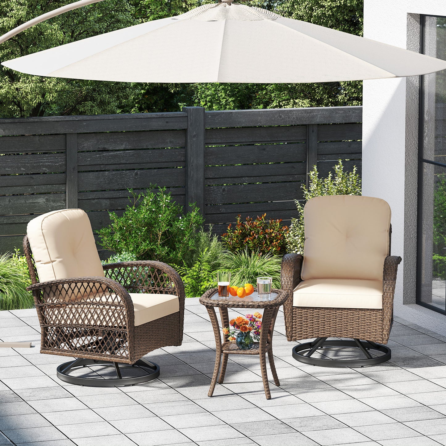 3 Piece Patio Swivel Rocker Set, Tempered Glass Table, Thick Cushions, Brown