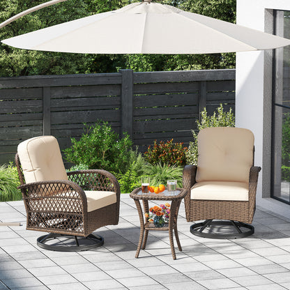 3 Piece Patio Swivel Rocker Set, Tempered Glass Table, Thick Cushions, Brown