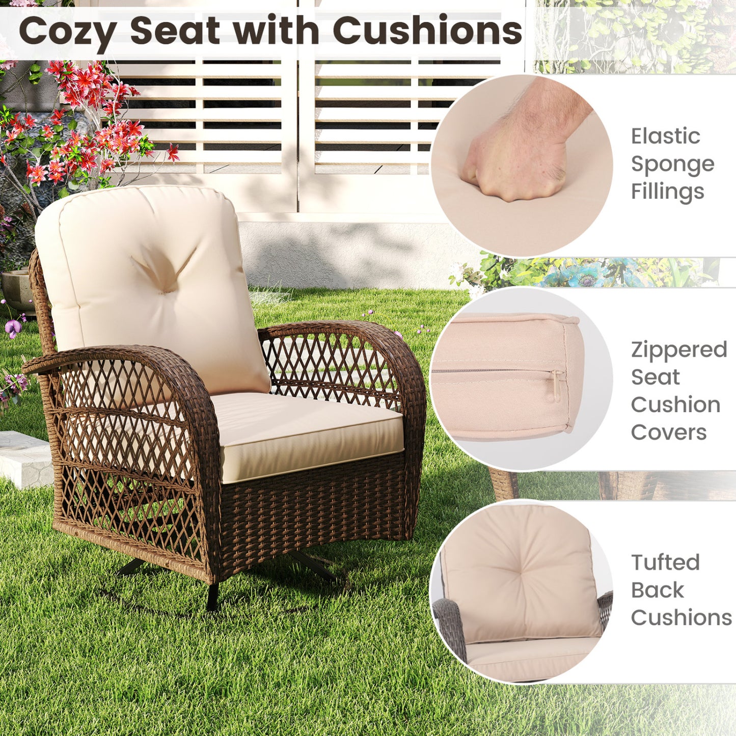 3 Piece Patio Swivel Rocker Set, Tempered Glass Table, Thick Cushions, Brown