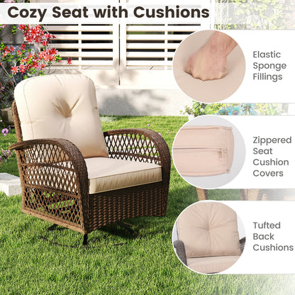 3 Piece Patio Swivel Rocker Set, Tempered Glass Table, Thick Cushions, Brown