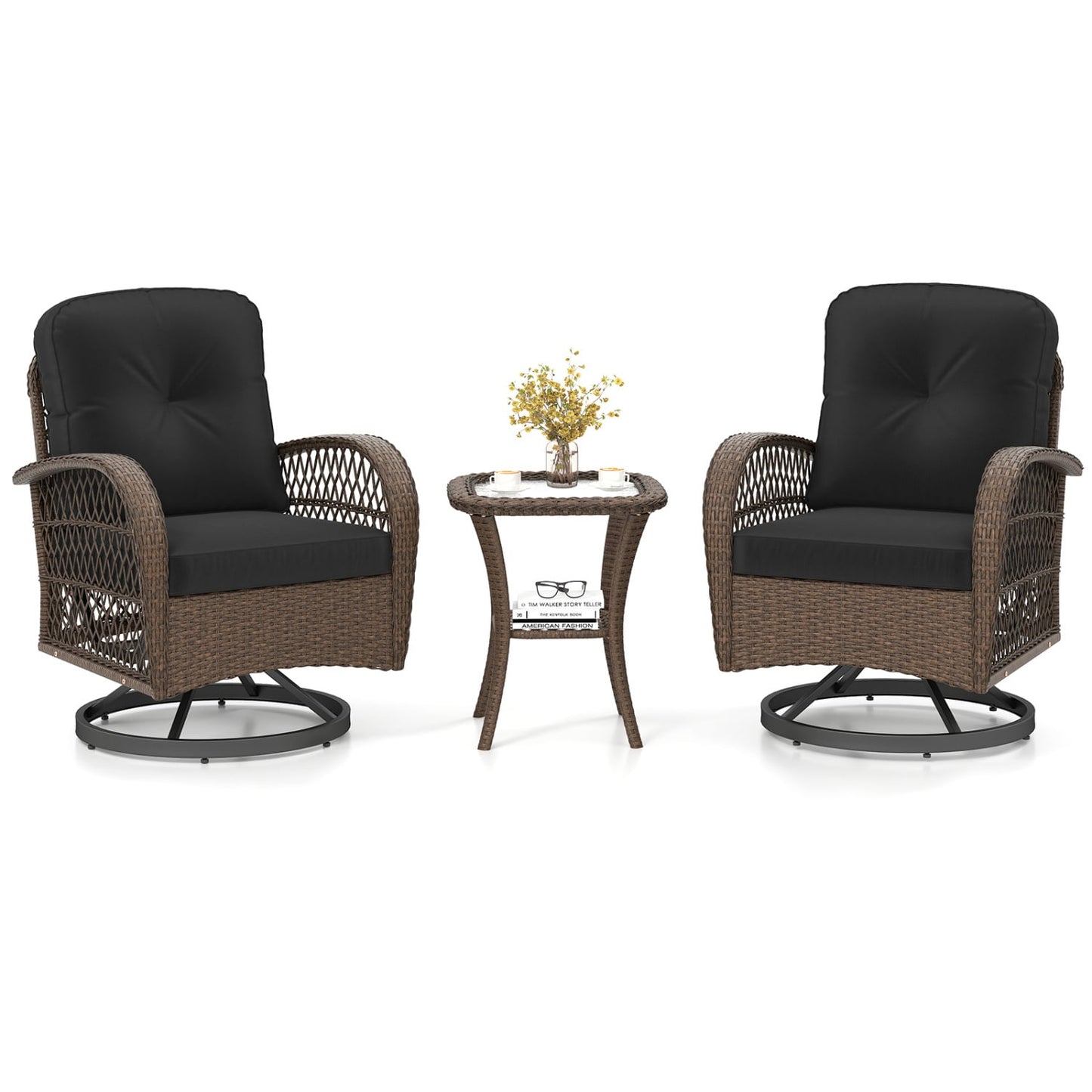 3 Piece Patio Swivel Rocker Set, Tempered Glass Side Table, Thick Cushions, Black