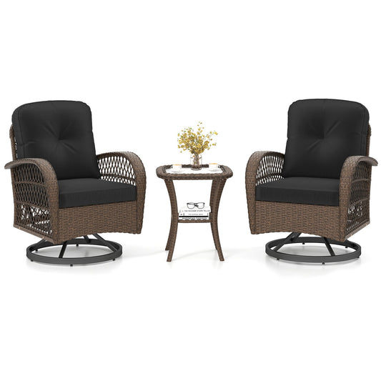 3 Piece Patio Swivel Rocker Set, Tempered Glass Side Table, Thick Cushions, Black Patio Rocking Chairs & Gliders Black at Gallery Canada