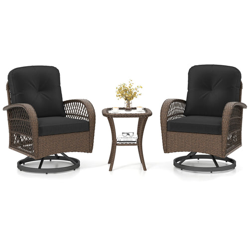 3 Piece Patio Swivel Rocker Set, Tempered Glass Side Table, Thick Cushions, Black