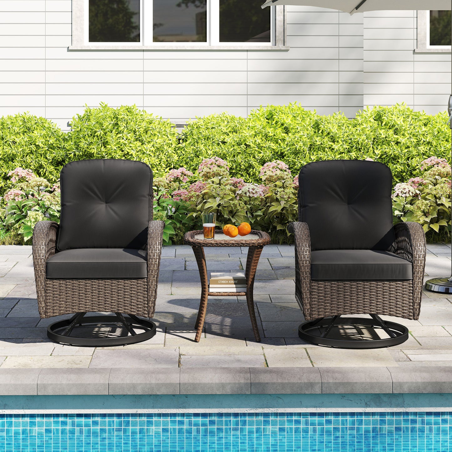 3 Piece Patio Swivel Rocker Set, Tempered Glass Side Table, Thick Cushions, Black