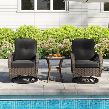 3 Piece Patio Swivel Rocker Set, Tempered Glass Side Table, Thick Cushions, Black