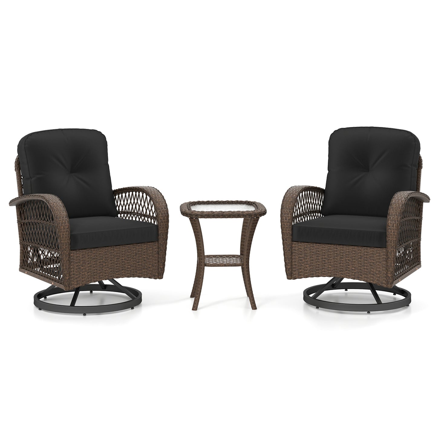 3 Piece Patio Swivel Rocker Set, Tempered Glass Side Table, Thick Cushions, Black