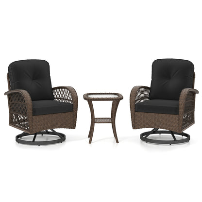 3 Piece Patio Swivel Rocker Set, Tempered Glass Side Table, Thick Cushions, Black