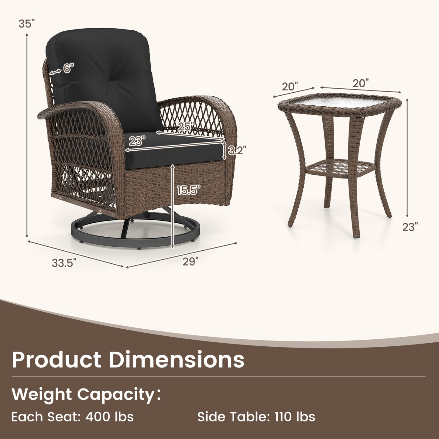 3 Piece Patio Swivel Rocker Set, Tempered Glass Side Table, Thick Cushions, Black