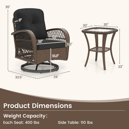3 Piece Patio Swivel Rocker Set, Tempered Glass Side Table, Thick Cushions, Black
