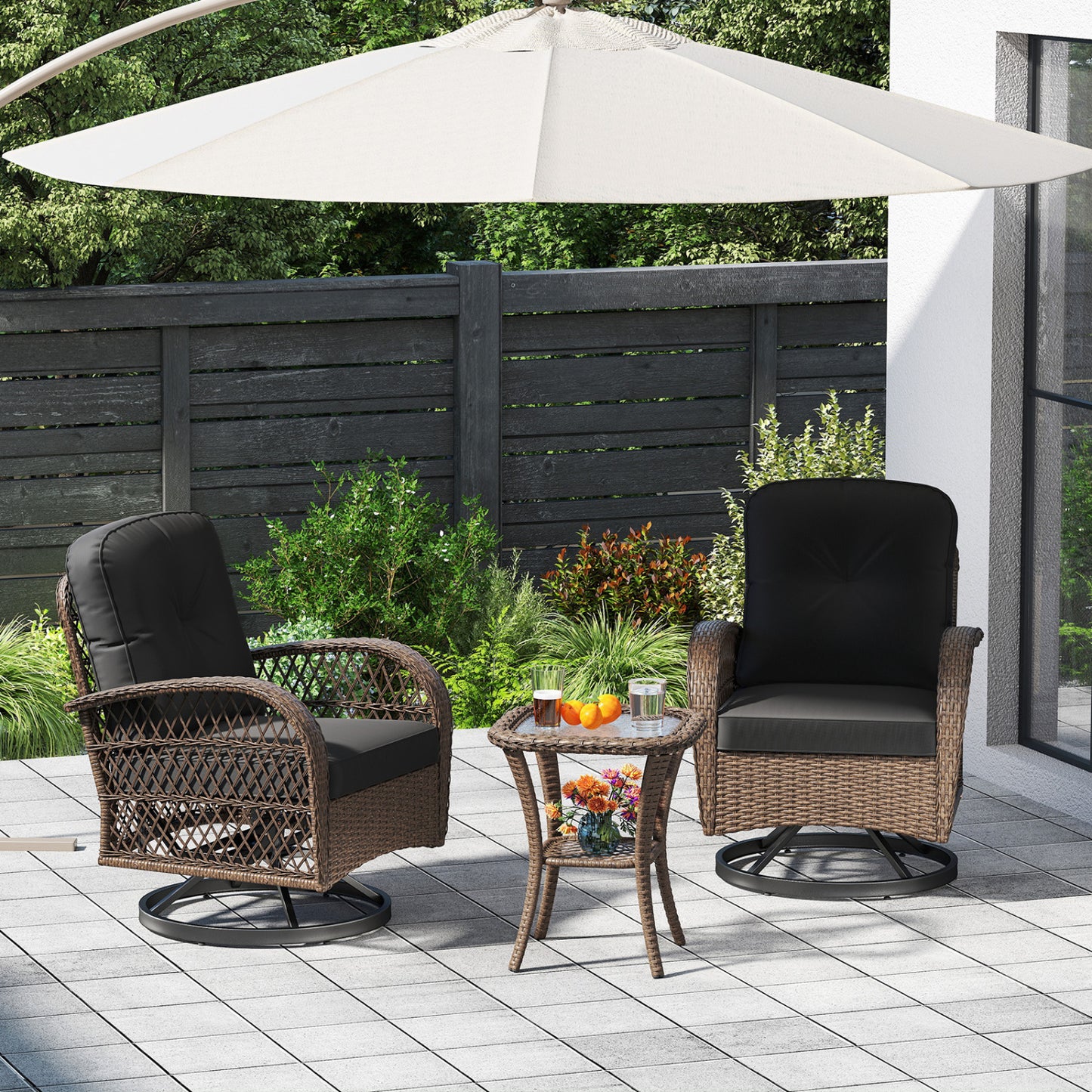 3 Piece Patio Swivel Rocker Set, Tempered Glass Side Table, Thick Cushions, Black