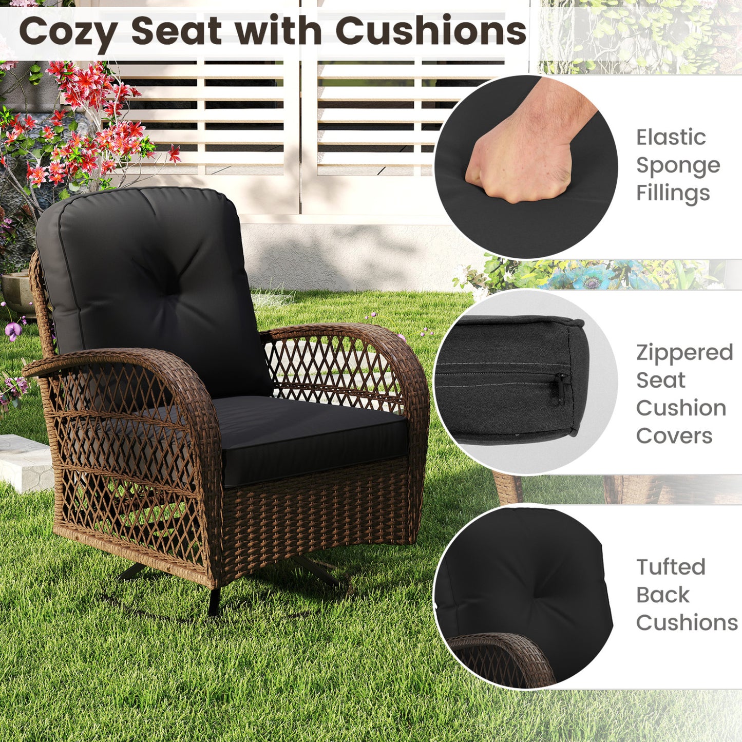 3 Piece Patio Swivel Rocker Set, Tempered Glass Side Table, Thick Cushions, Black
