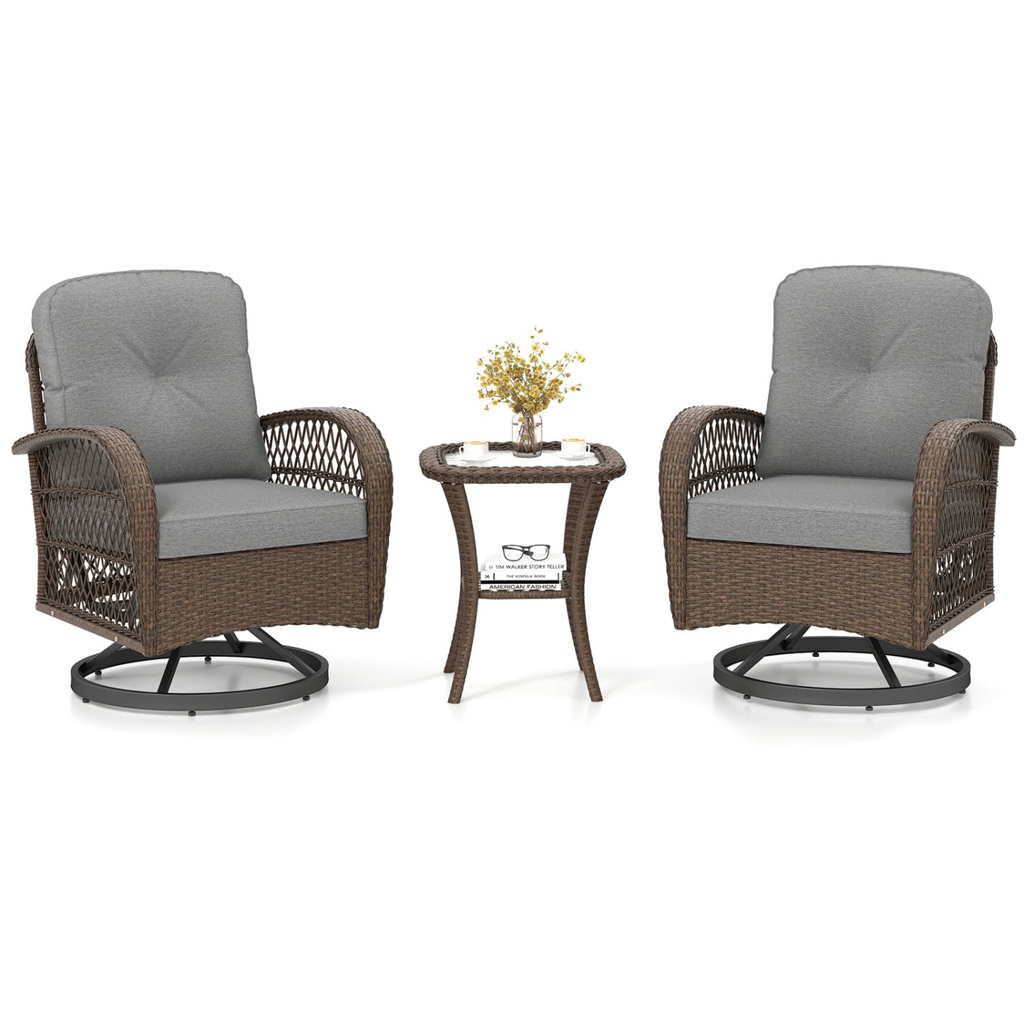 3 Piece Patio Swivel Rocker Set, With Glass Side Table, Gray
