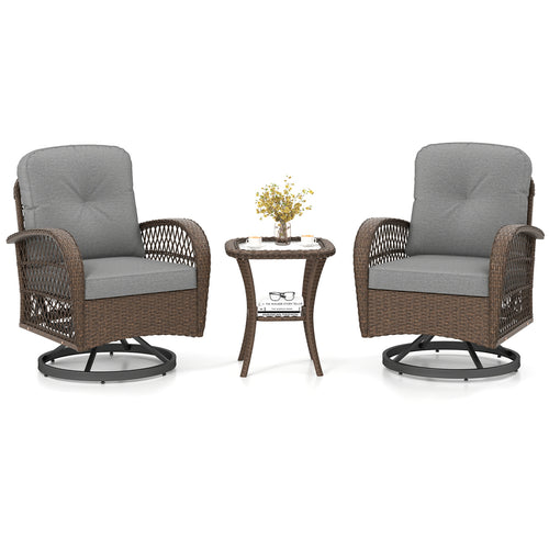 3 Piece Patio Swivel Rocker Set, With Glass Side Table, Gray