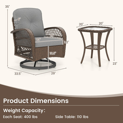 3 Piece Patio Swivel Rocker Set, With Glass Side Table, Gray