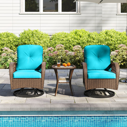 3 Piece Patio Swivel Rocker Set with Tempered Glass Side Table and Thick Cushions, Turquoise Patio Rocking Chairs & Gliders Turquoise at Gallery Canada