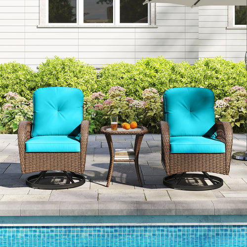 3 Piece Patio Swivel Rocker Set with Tempered Glass Side Table and Thick Cushions, Turquoise