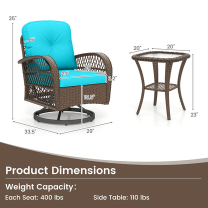 3 Piece Patio Swivel Rocker Set with Tempered Glass Side Table and Thick Cushions, Turquoise Patio Rocking Chairs & Gliders at Gallery Canada