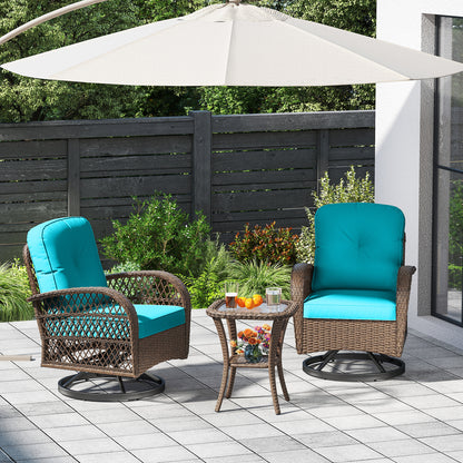 3 Piece Patio Swivel Rocker Set with Tempered Glass Side Table and Thick Cushions, Turquoise Patio Rocking Chairs & Gliders at Gallery Canada