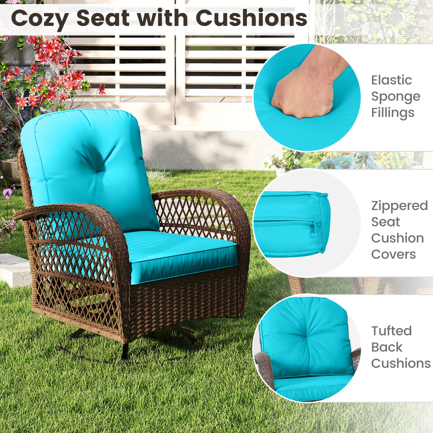 3 Piece Patio Swivel Rocker Set with Tempered Glass Side Table and Thick Cushions, Turquoise Patio Rocking Chairs & Gliders at Gallery Canada