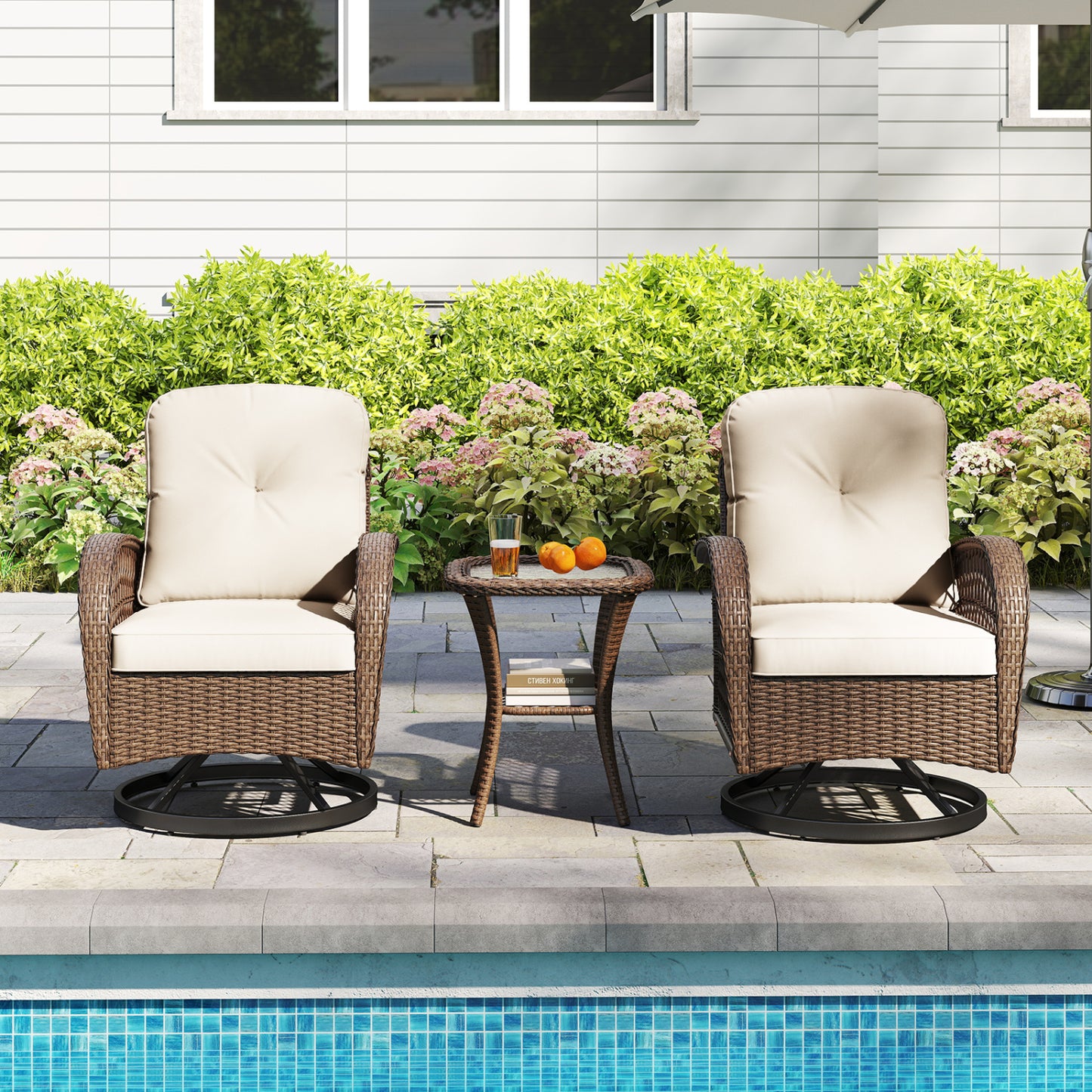 3 Piece Patio Swivel Rocker Set with Tempered Glass Side Table and Thick Cushions, White Patio Rocking Chairs & Gliders at Gallery Canada