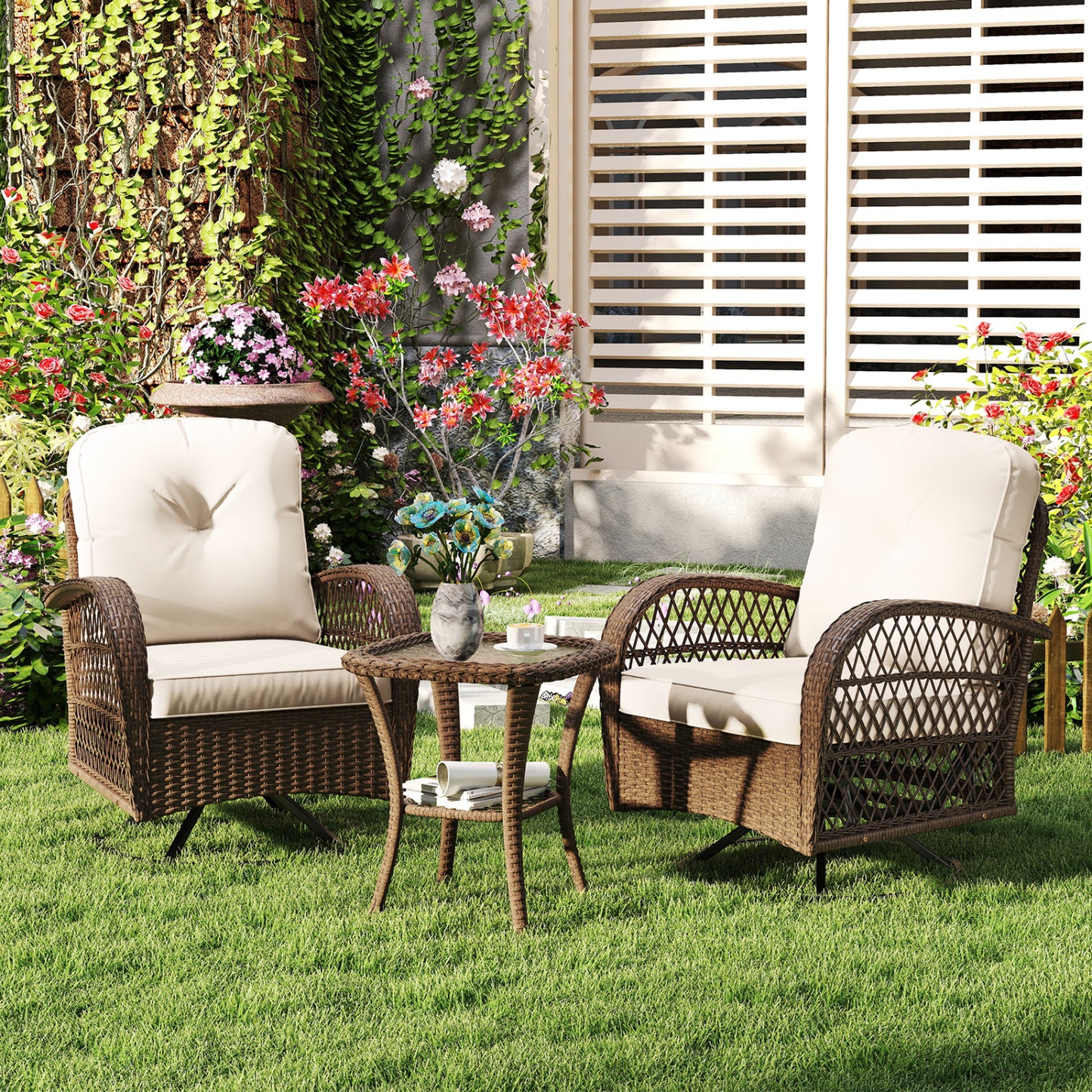 3 Piece Patio Swivel Rocker Set with Tempered Glass Side Table and Thick Cushions, White Patio Rocking Chairs & Gliders at Gallery Canada
