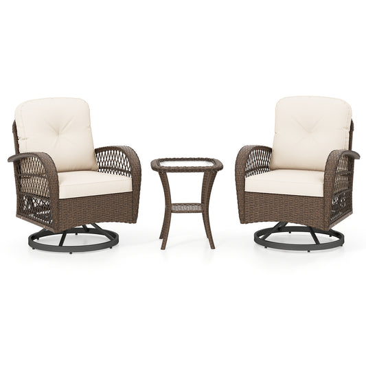 3 Piece Patio Swivel Rocker Set with Tempered Glass Side Table and Thick Cushions, White Patio Rocking Chairs & Gliders White at Gallery Canada