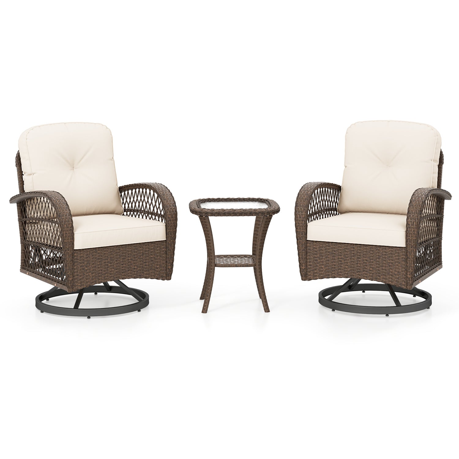 3 Piece Patio Swivel Rocker Set with Tempered Glass Side Table and Thick Cushions, White Patio Rocking Chairs & Gliders at Gallery Canada