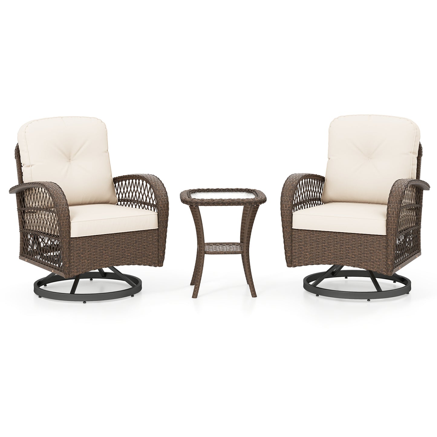 3 Piece Patio Swivel Rocker Set with Tempered Glass Side Table and Thick Cushions, White Patio Rocking Chairs & Gliders at Gallery Canada