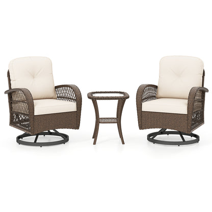 3 Piece Patio Swivel Rocker Set with Tempered Glass Side Table and Thick Cushions, White Patio Rocking Chairs & Gliders at Gallery Canada