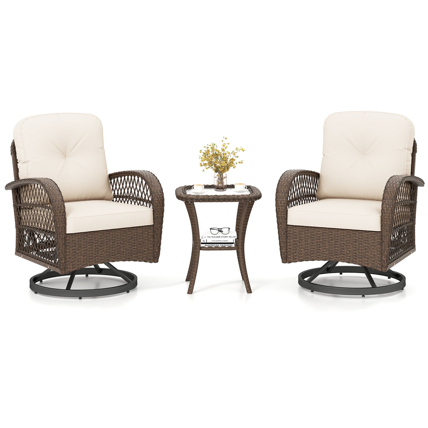 3 Piece Patio Swivel Rocker Set with Tempered Glass Side Table and Thick Cushions, White Patio Rocking Chairs & Gliders at Gallery Canada