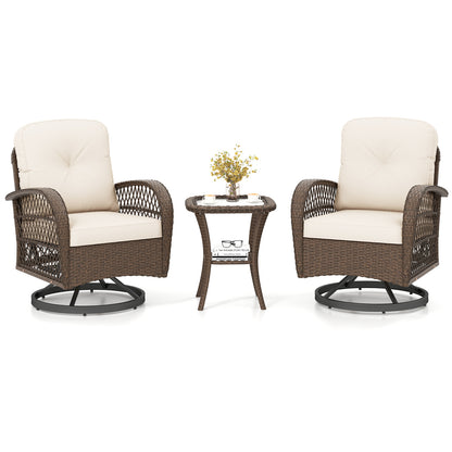 3 Piece Patio Swivel Rocker Set with Tempered Glass Side Table and Thick Cushions, White Patio Rocking Chairs & Gliders at Gallery Canada