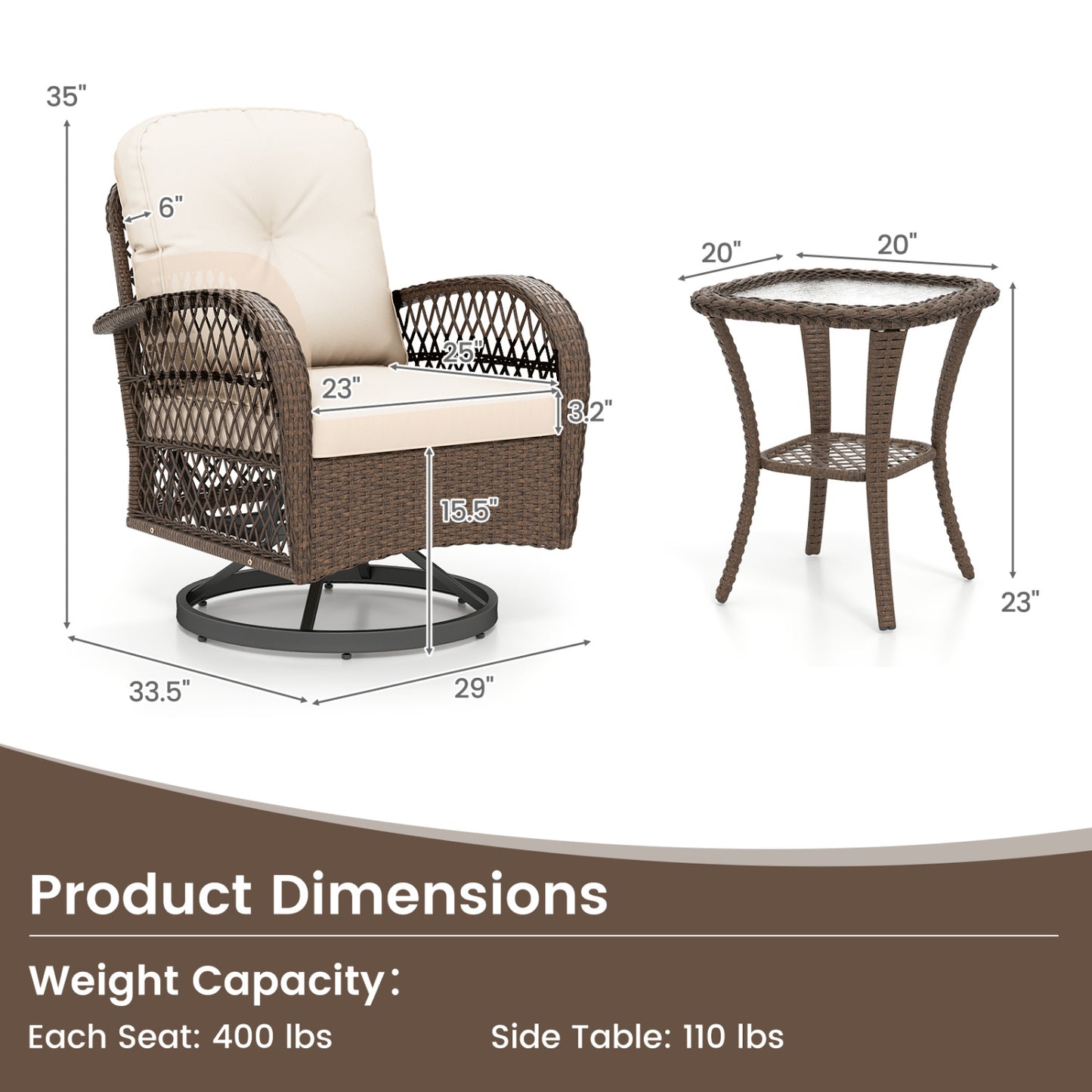 3 Piece Patio Swivel Rocker Set with Tempered Glass Side Table and Thick Cushions, White Patio Rocking Chairs & Gliders at Gallery Canada