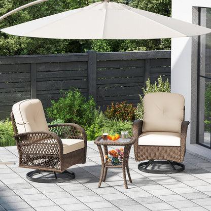 3 Piece Patio Swivel Rocker Set with Tempered Glass Side Table and Thick Cushions, White Patio Rocking Chairs & Gliders at Gallery Canada