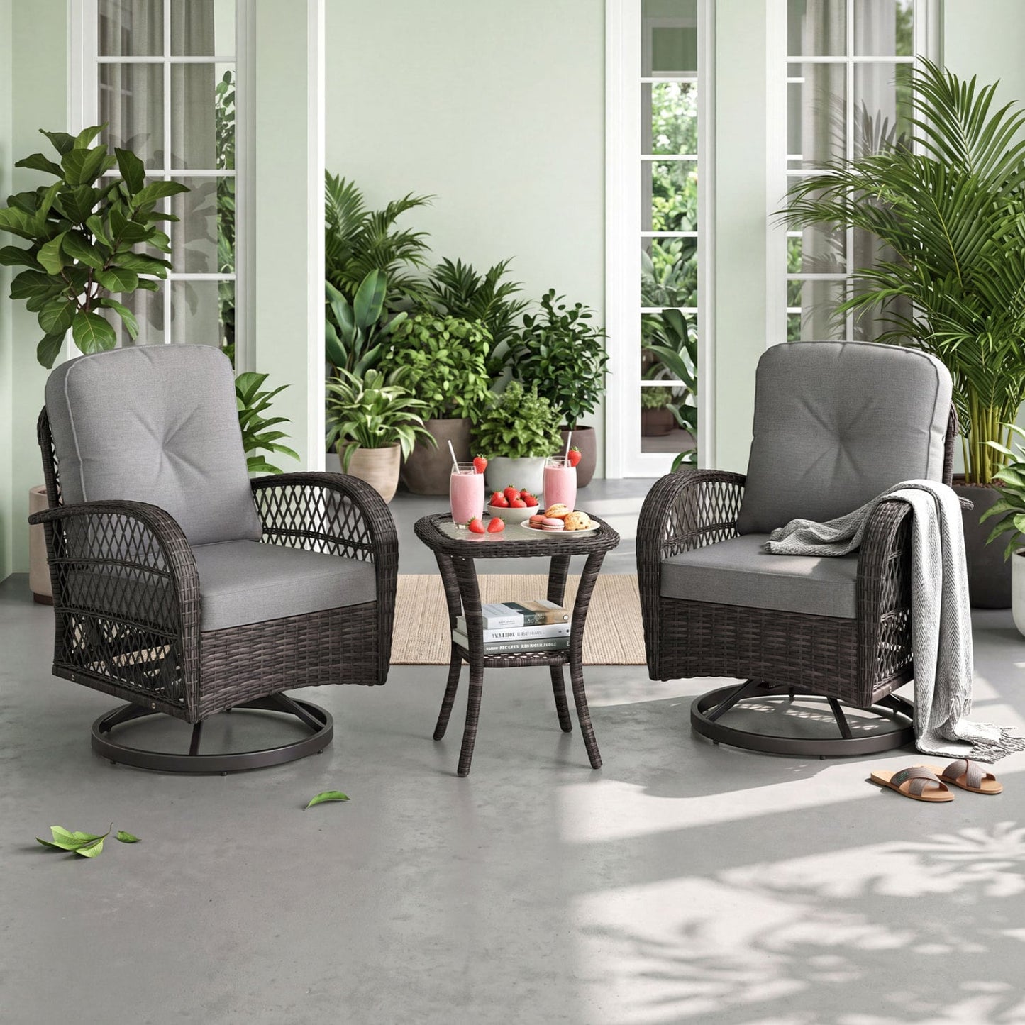 3 Piece Patio Swivel Rocker Set, Dark Gray