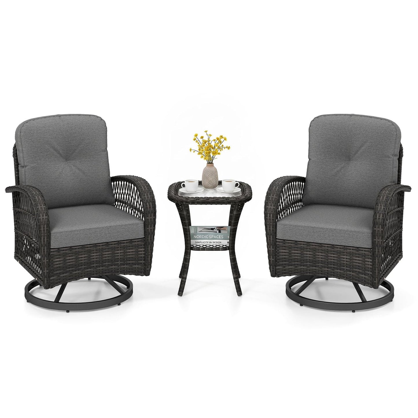 3 Piece Patio Swivel Rocker Set, Dark Gray