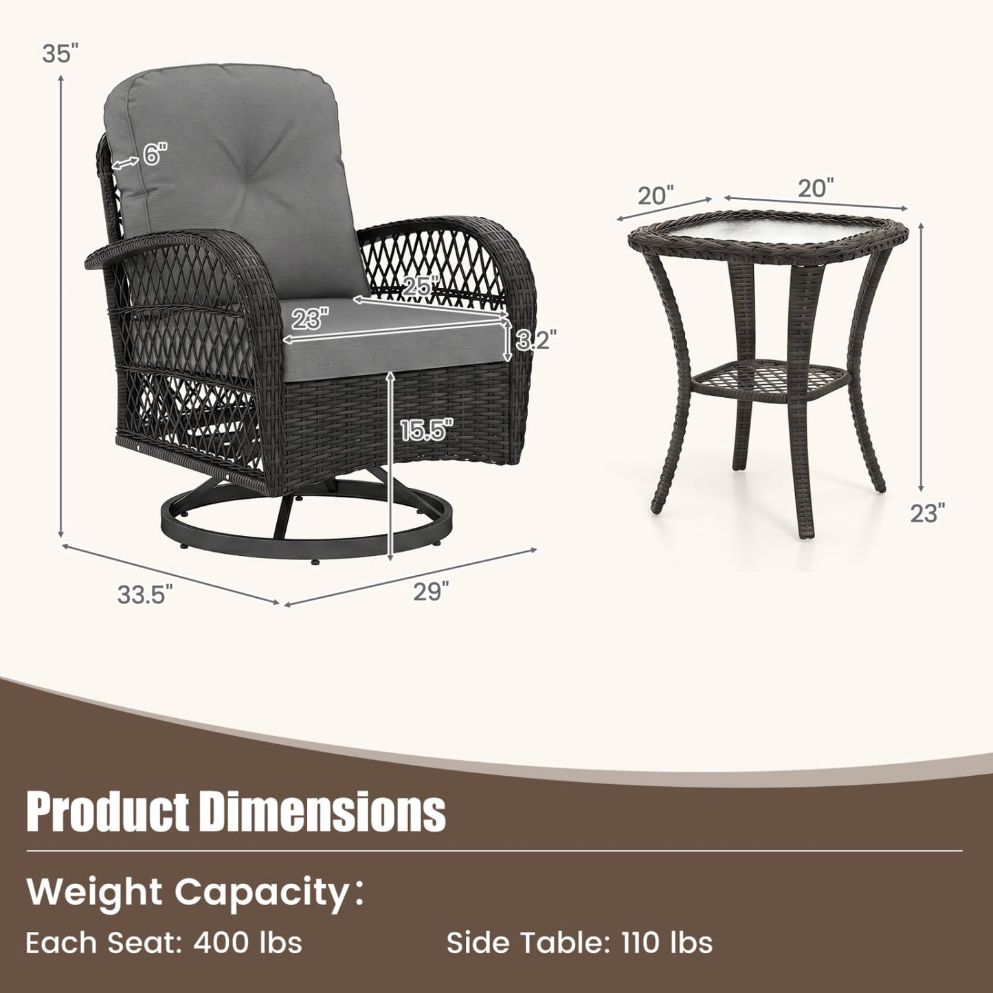 3 Piece Patio Swivel Rocker Set, Dark Gray