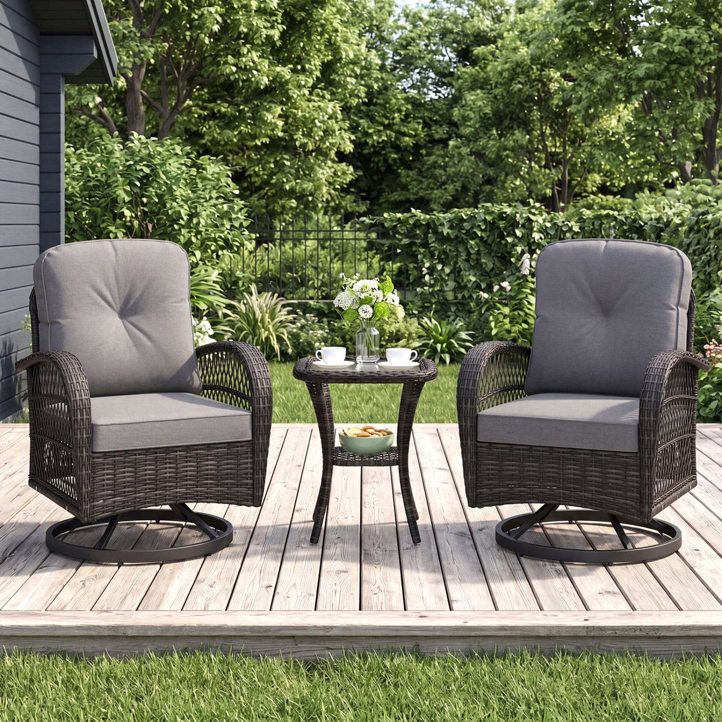 3 Piece Patio Swivel Rocker Set, Dark Gray