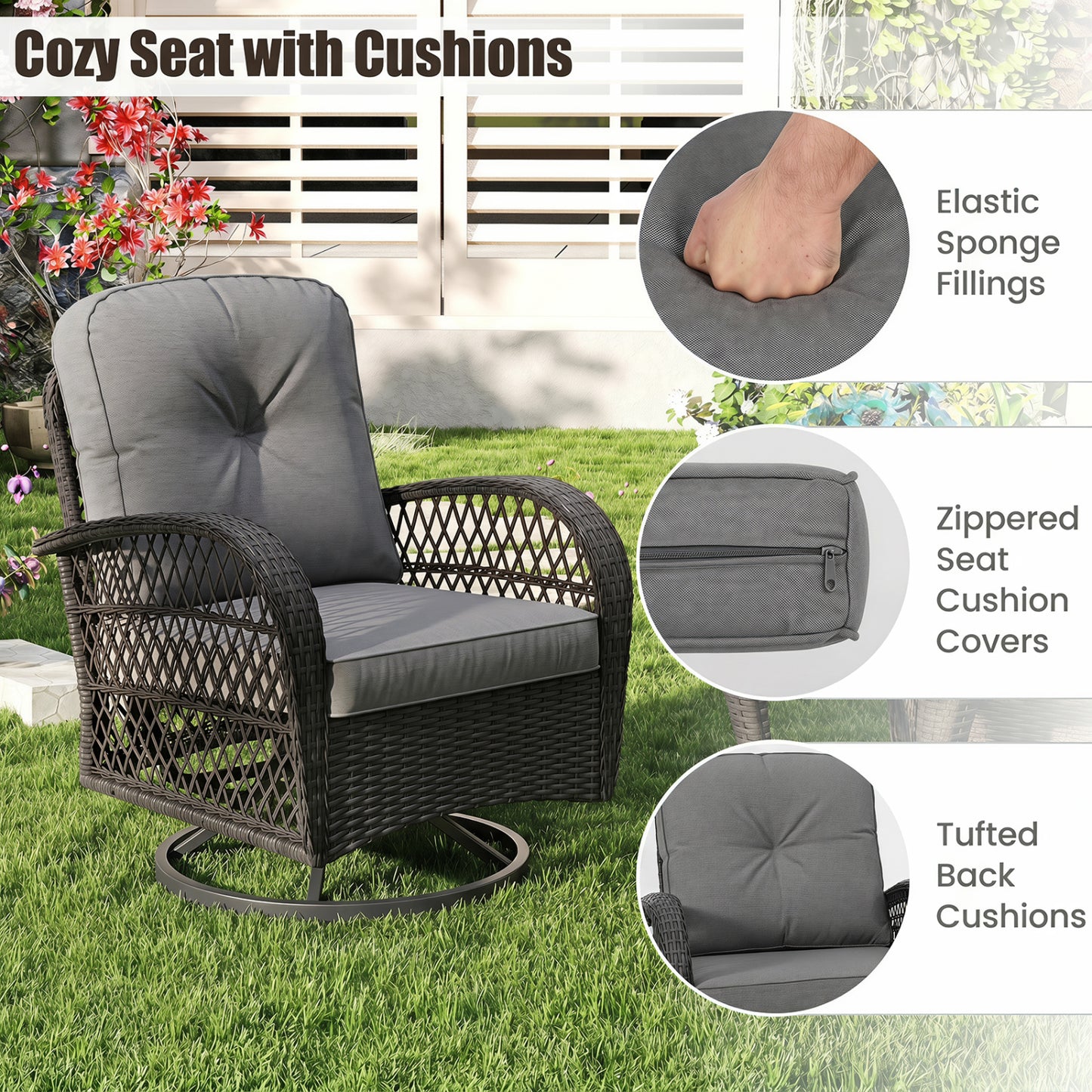 3 Piece Patio Swivel Rocker Set, Dark Gray