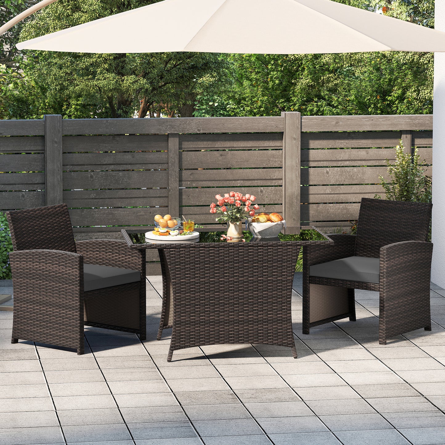 Ensemble de salle à manger en osier pour patio de 3 pièces, table en verre, gris
