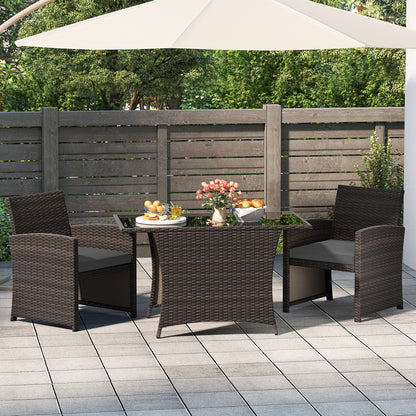 Ensemble de salle à manger en osier pour patio de 3 pièces, table en verre, gris
