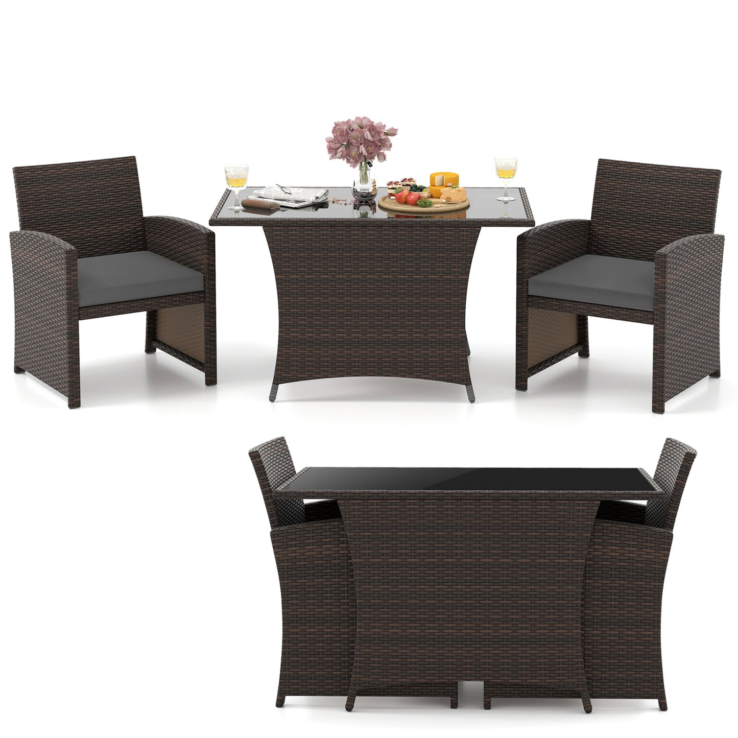 Ensemble de salle à manger en osier pour patio de 3 pièces, table en verre, gris