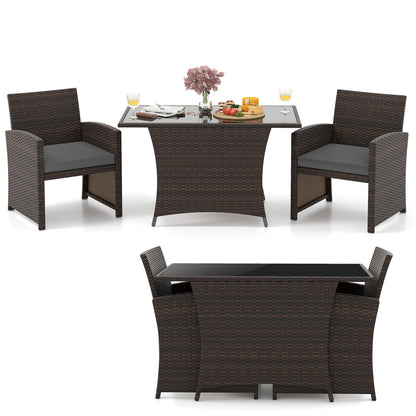Ensemble de salle à manger en osier pour patio de 3 pièces, table en verre, gris