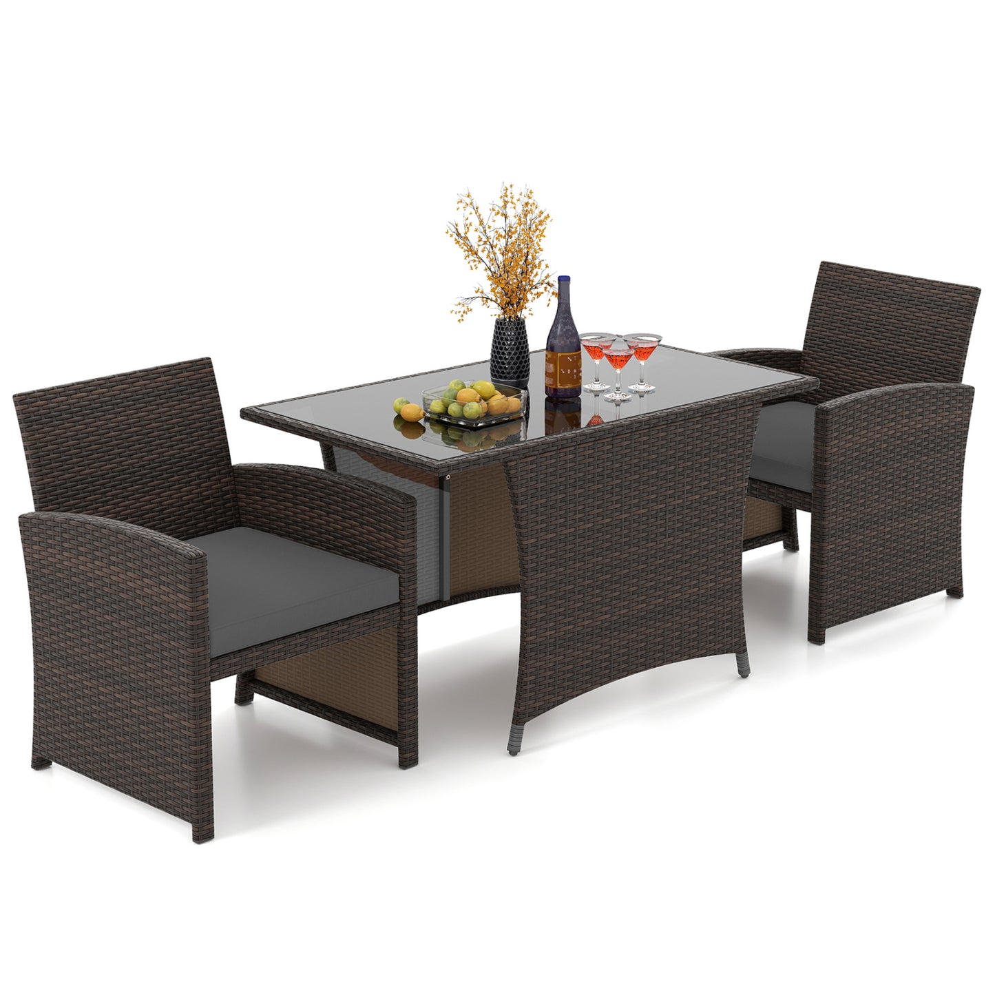 Ensemble de salle à manger en osier pour patio de 3 pièces, table en verre, gris