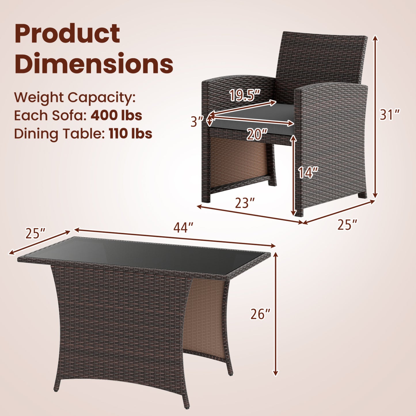 Ensemble de salle à manger en osier pour patio de 3 pièces, table en verre, gris