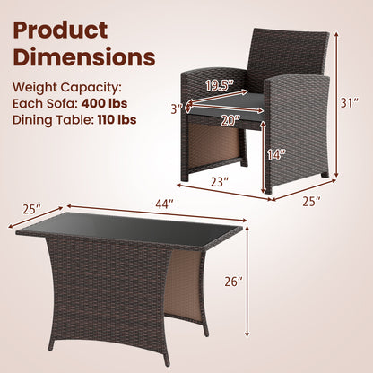 Ensemble de salle à manger en osier pour patio de 3 pièces, table en verre, gris