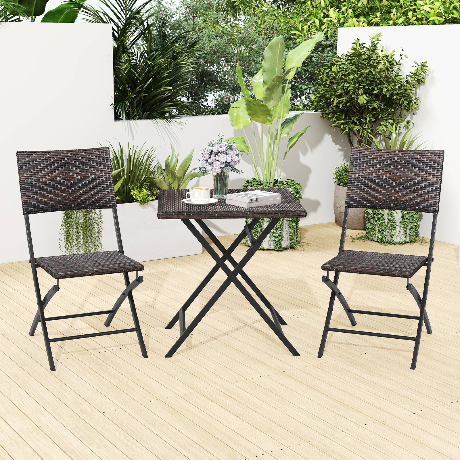 3 Piece Rattan Bistro Set Outdoor Folding Dining Table and Chairs with Wicker Seat Patio Conversation Sets at Gallery Canada
